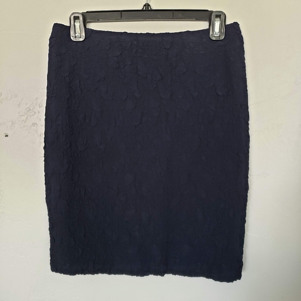Akris Punto Women's 4 Navy Blue Pencil Skirt Textured Ruched Crinkle Zipper Back